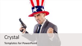  Presentation with gun american flag - Colorful slide deck enhanced with murder usa - man with gun and american backdrop and a white colored foreground