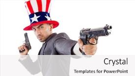  Presentation with gun american flag - PPT theme featuring murder usa - man with gun and american background and a white colored foreground