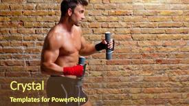  Presentation with muscle - PPT theme featuring muscle boxer man with fist bandage and training weights background and a tawny brown colored foreground
