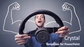  Presentation with black man - Slides having muscle car - young man holding black steering background and a  colored foreground