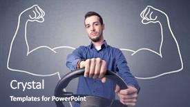  Presentation with black man - Colorful PPT theme enhanced with muscle car - young man holding black steering backdrop and a ocean colored foreground