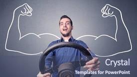  Presentation with black man - Slide set with muscle car - young man holding black steering background and a ocean colored foreground