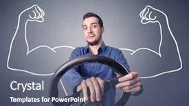  Presentation with black man - Colorful slide deck enhanced with muscle car - young man holding black steering backdrop and a ocean colored foreground