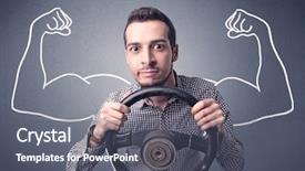  Presentation with wheel - Slides enhanced with muscle car - young man holding black steering background and a gray colored foreground