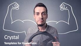  Presentation with black man - Colorful slides enhanced with muscle car - young man holding black steering backdrop and a gray colored foreground