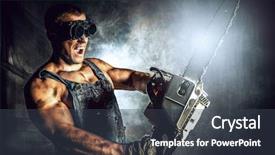  Presentation with chainsaw - Presentation design consisting of industrial strikke - shouting muscular man background and a tawny brown colored foreground