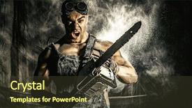 Presentation with chainsaw - Presentation featuring industrial strikke - shouting muscular man background and a tawny brown colored foreground