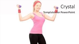  Presentation with female hypnotist - Presentation design with muscle excercise - young female excercising with dumbbells background and a  colored foreground