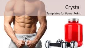 Presentation with protein - Presentation theme featuring muscle mass - jar with protein powder dumbbells background and a coral colored foreground