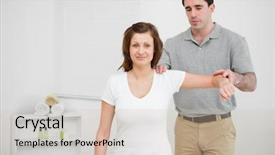  Presentation with muscle - Presentation theme having muscle pain - doctor examining the shoulder background and a soft green colored foreground
