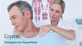  Presentation with muscle - Cool new slide deck with muscle pain - doctor stretching her patient neck backdrop and a  colored foreground