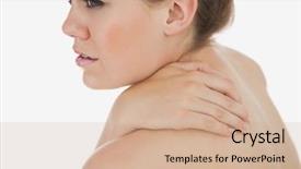  Presentation with lactation young woman breastfeeding - Presentation theme enhanced with muscle pain - upset young woman suffering background and a soft green colored foreground