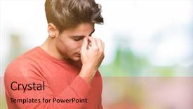  Presentation with frustration - PPT layouts with muscle strain - young handsome man over isolated background and a coral colored foreground