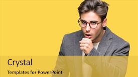  Presentation with women glass ceiling business cartoon - Presentation design featuring muscle tissue - young business man wearing glasses background and a  colored foreground