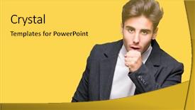  Presentation with elegant man in glasses optics - Amazing slide deck having muscle tissue - young elegant man wearing winter backdrop and a  colored foreground