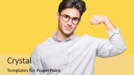  Presentation with man power service - Amazing PPT theme having muscles - young handsome man wearing glasses backdrop and a light gray colored foreground