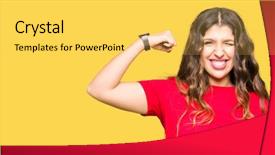  Presentation with super woman women power - Audience pleasing slide set consisting of muscles strength - young beautiful woman wearing casual backdrop and a yellow colored foreground