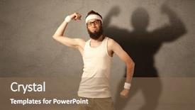  Presentation with urine of funny - Audience pleasing slides consisting of funny young guy posing in front of brown background with musculous body shadow reflected on the wall backdrop and a violet colored foreground