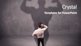  Presentation with reflecting - PPT layouts with young salesman standing with his back looking at his musculous shadow reflecting on the wall concept background and a gray colored foreground