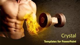  Presentation with weight lifting - Colorful PPT theme enhanced with muscular bodybuilder lifting weight with flaming biceps concept on background backdrop and a tawny brown colored foreground