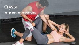  Presentation with crossfit - Slide deck featuring muscular couple doing abdominal exercises in crossfit gym background and a gray colored foreground