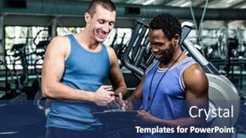  Presentation with performance - Amazing PPT theme having muscular man discussing performance with trainer at gym backdrop and a ocean colored foreground