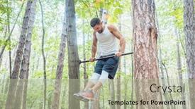  Presentation with gymnastics - Presentation design featuring muscular man doing gymnastics on high bar in the woods background and a mint green colored foreground