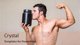  Presentation with supplement - PPT layouts enhanced with muscular man kissing nutritional supplement background and a coral colored foreground