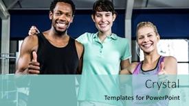  Presentation with crossfit - PPT theme consisting of muscular smiling people standing together in crossfit background and a arctic colored foreground