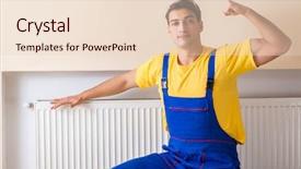  Presentation with contractor - PPT theme with muscular system - young repairman contractor repairing heating background and a lemonade colored foreground