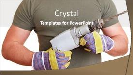  Presentation with drill - Beautiful PPT theme featuring muscular-torso-holds-a-drill backdrop and a gray colored foreground