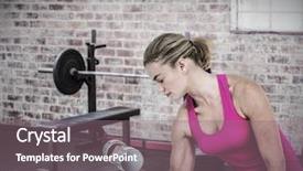  Presentation with barbell - PPT theme with muscular woman exercising with dumbbells against a barbell next to weights background and a gray colored foreground