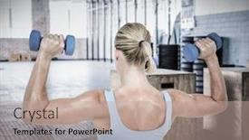  Presentation with weight - Presentation design consisting of muscular woman exercising with dumbbells against weight on gym floor background and a coral colored foreground