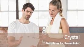  Presentation with crossfit - PPT theme enhanced with muscular woman watching her results on clipboard in crossfit gym background and a coral colored foreground