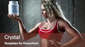  Presentation with sports nutrition - PPT theme consisting of muscular woman with sports nutrition background and a tawny brown colored foreground