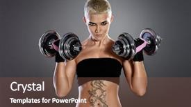  Presentation with bodybuilding - Colorful presentation design enhanced with muscular young woman with beautiful athletic body doing exercises with dumbbells fitness bodybuilding health care backdrop and a tawny brown colored foreground