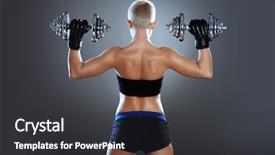  Presentation with bodybuilding - Colorful slide set enhanced with muscular young woman with beautiful athletic body doing exercises with dumbbells fitness bodybuilding health care backdrop and a dark gray colored foreground