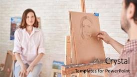  Presentation with sketching - PPT theme with muse - portrait of artist sketching portrait background and a coral colored foreground