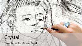  Presentation with charcoal - Colorful slide deck enhanced with children museum - woman's hand with charcoal sketch backdrop and a light gray colored foreground