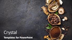  Presentation with coffee beans - Audience pleasing slides consisting of mushroom-chaga-coffee-superfood-trend backdrop and a dark gray colored foreground