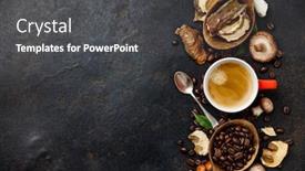  Presentation with coffee beans - Cool new presentation theme with mushroom-chaga-coffee-superfood-trend backdrop and a dark gray colored foreground