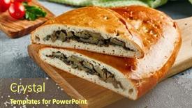  Presentation with mushroom - Presentation featuring mushroom-pie-on-wooden-board background and a tawny brown colored foreground