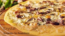  Presentation with snack food - PPT theme featuring mushroom-pizza-on-wooden-table background and a gold colored foreground