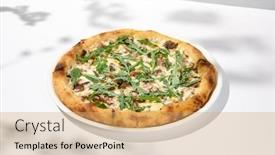  Presentation with modern food - Presentation theme having mushroom-pizza-with-cheese background and a coral colored foreground