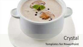  Presentation with mushroom - Cool new PPT layouts with mushroom soup in white bowl on plate isolated on white backdrop and a light gray colored foreground