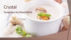  Presentation with napkin - Theme having mushroom soup in white pot on napkin on wooden background background and a lemonade colored foreground