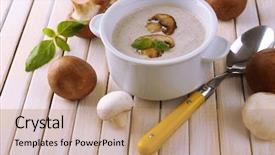  Presentation with mushroom - Presentation featuring mushroom soup in white pot on wooden background background and a coral colored foreground