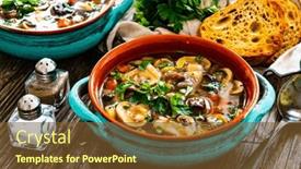 Presentation with mushroom - Slide set featuring mushroom-soup-on-wooden-table background and a tawny brown colored foreground