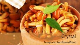  Presentation with mushrooms - Presentation theme enhanced with mushrooms in bowl on wooden background and a  colored foreground