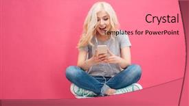  Presentation with cheerful stylish city girl using - PPT layouts consisting of music - cheerful young woman using smartphone background and a coral colored foreground